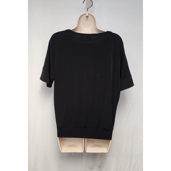 Chico’s Round Neck Knit Black Top Gold Zipper Short Sleeve Top Blouse Sz 1 (M-8) - Picture 4 of 9